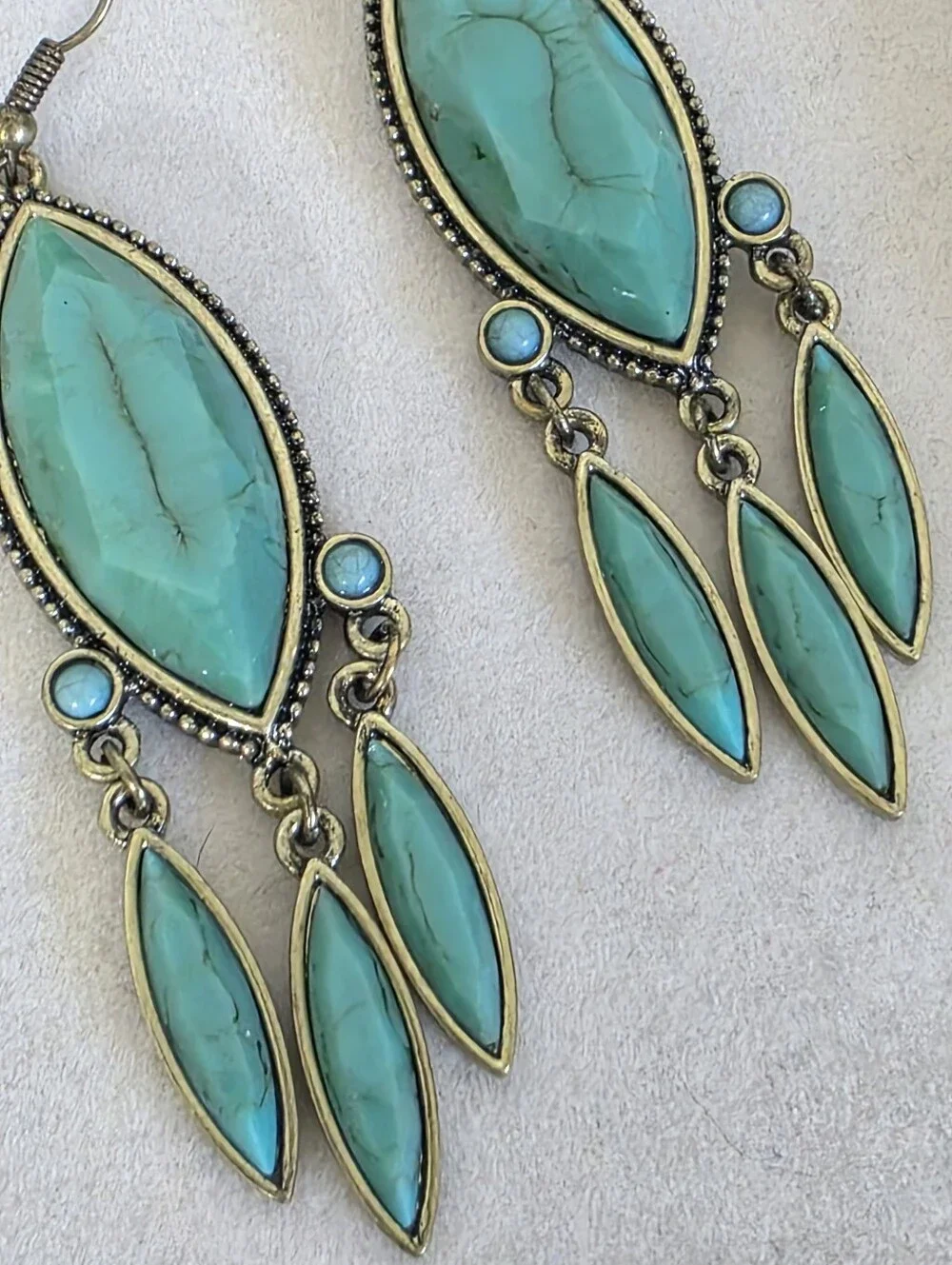 Stony Boho Turquoise Chandelier Dangle Earrings Antique Brass Southwest